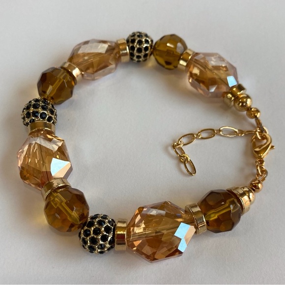 💰 𝕊 𝕠 𝕝 𝕕 💰 Amber Glass Beads & Gold Ball Bracelet 7" - Picture 3 of 9